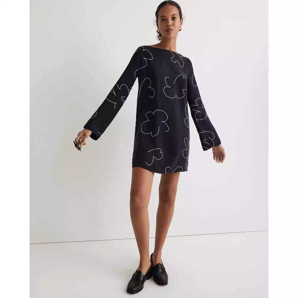 MADEWELL Shift Mini Dress XS True Black Printed Cupro Long Sleeve NWT B10